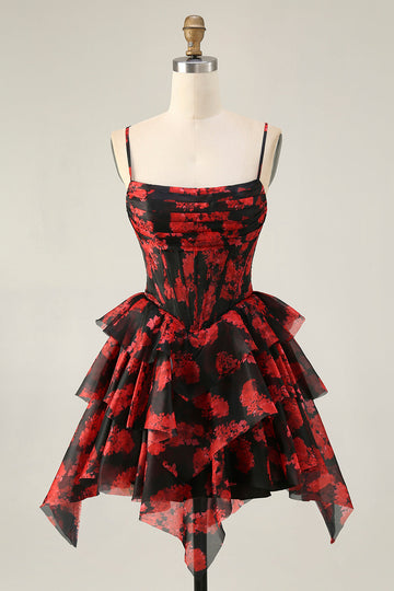 Black Red A Line Cowl Neck Corset Tiered Short Prom Dress